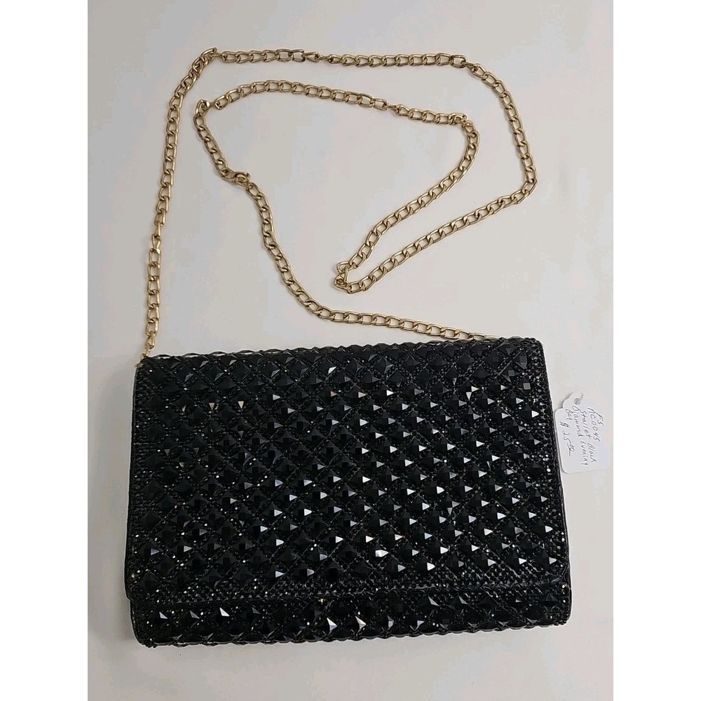Vtg Black Evening Crossbody Bag Beaded Diamond Shaped Overlay